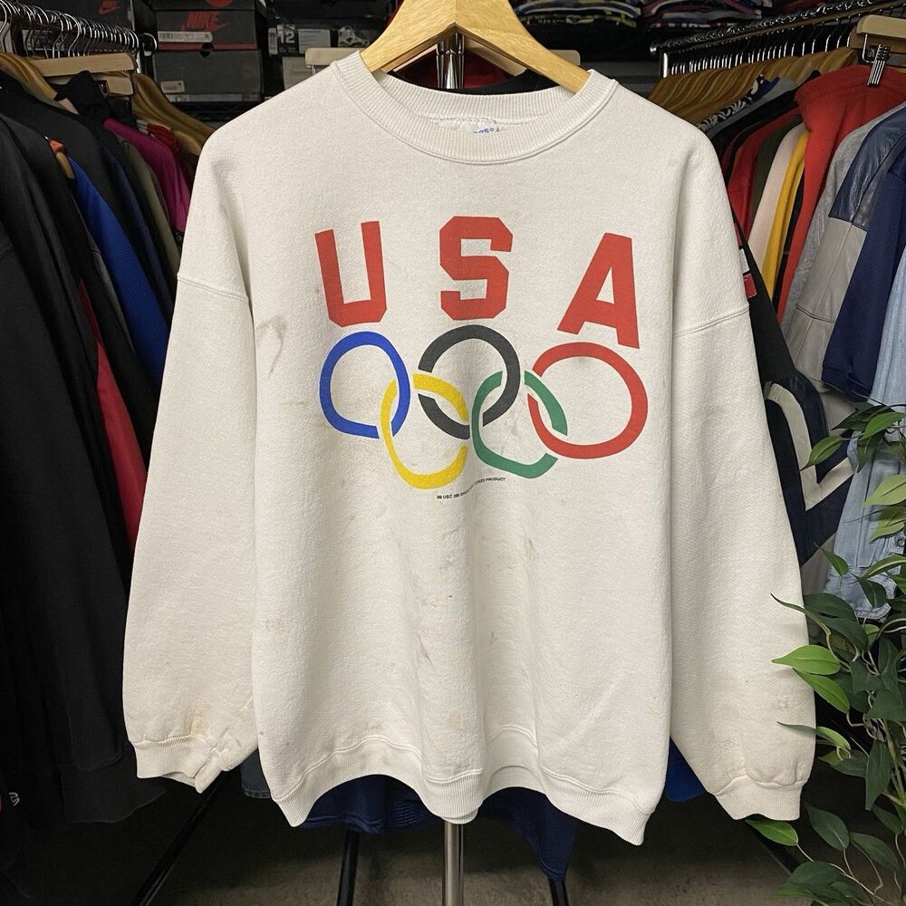 Vintage 90s Hanes USA Olympics Rings Thrashed Crewneck Sweatshirt White Men's XL